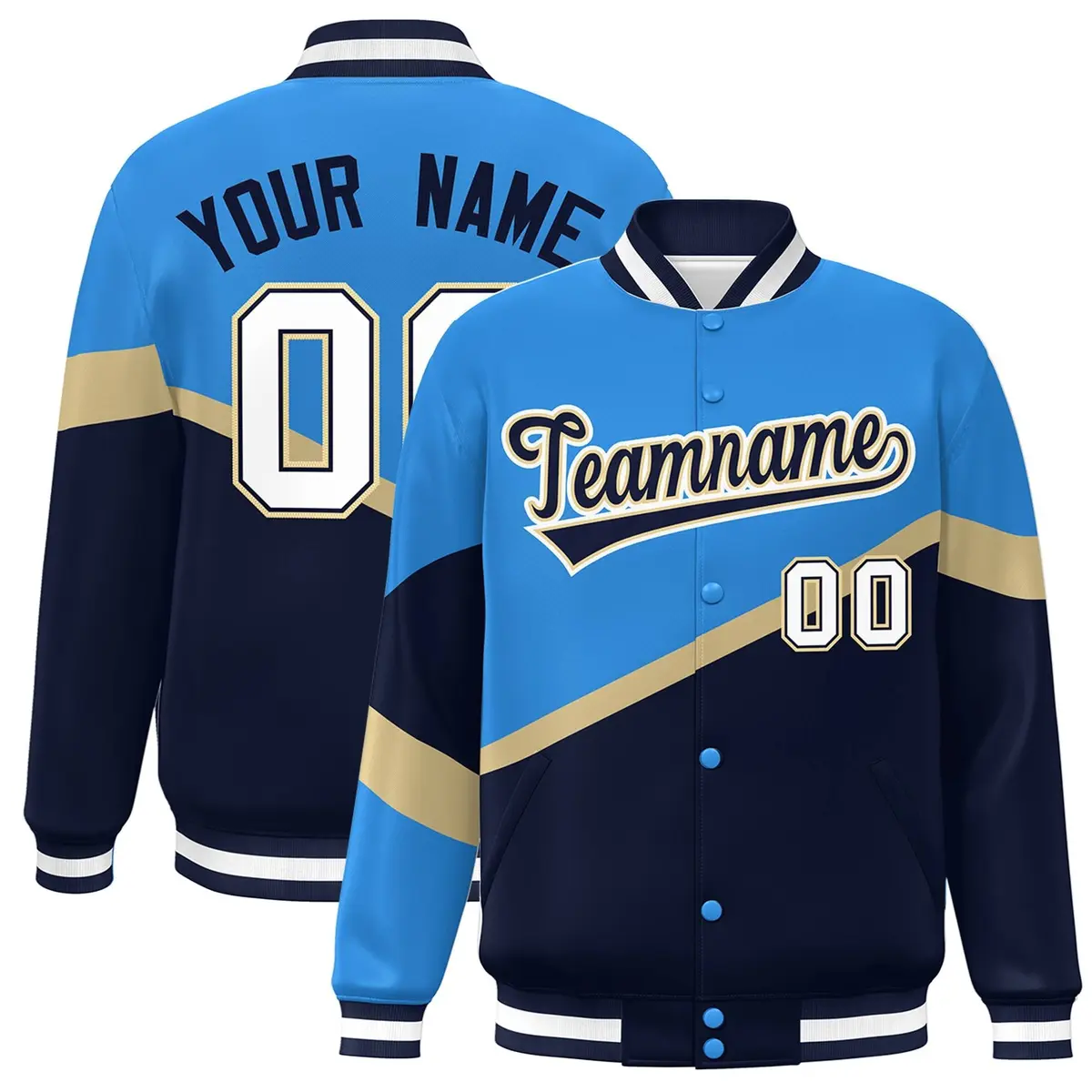 Powder Blue Navy-Khaki Color Block Varsity Baseball Jacket