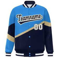 Powder Blue Navy-Khaki Color Block Varsity Baseball Jacket 3