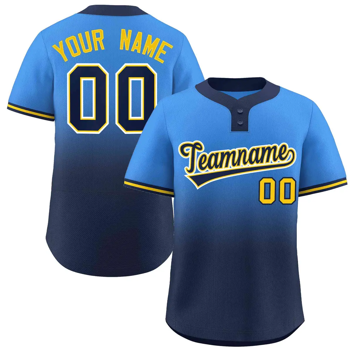 Powder Blue Navy Navy-Gold Gradient Two-Button Softball Jersey