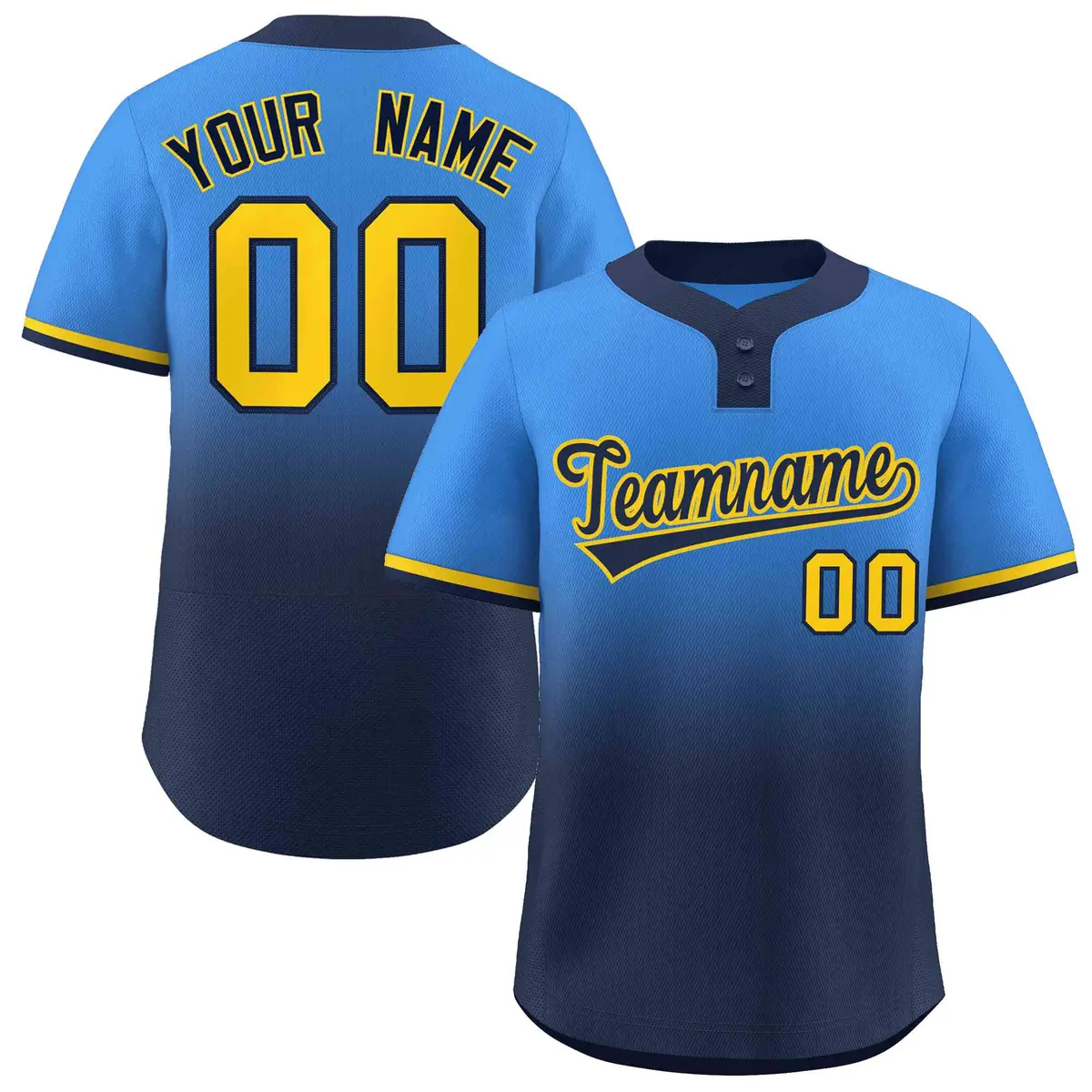 Powder Blue Navy Navy-Gold Gradient Two-Button Softball Jersey
