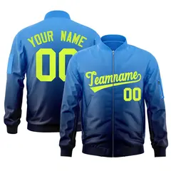 Powder Blue Navy-Neon Green Gradient Varsity Letterman Bomber Jacket 1
