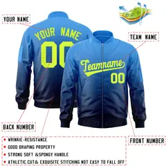 Powder Blue Navy-Neon Green Gradient Varsity Letterman Bomber Jacket 2