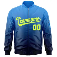 Powder Blue Navy-Neon Green Gradient Varsity Letterman Bomber Jacket 3