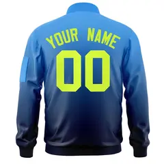 Powder Blue Navy-Neon Green Gradient Varsity Letterman Bomber Jacket 4