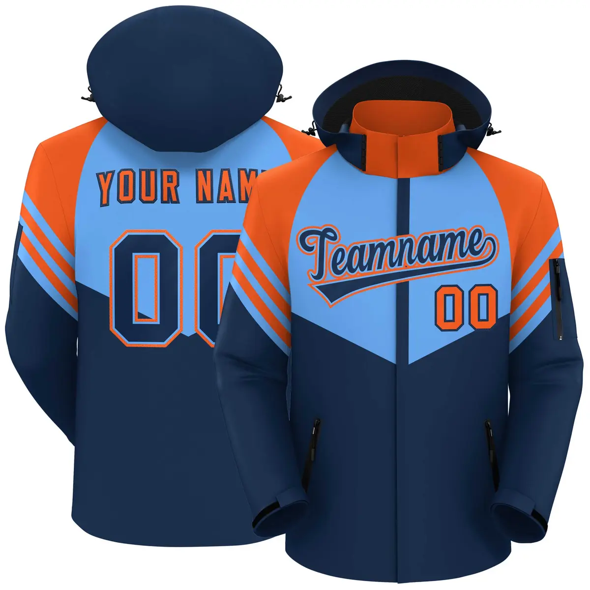 Powder Blue Navy-Orange Color Block Hooded Waterproof Jacket