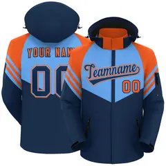 Powder Blue Navy-Orange Color Block Hooded Waterproof Jacket 1