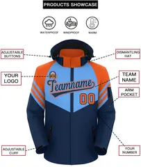 Powder Blue Navy-Orange Color Block Hooded Waterproof Jacket 2