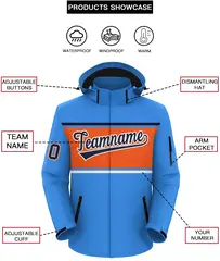 Powder Blue Navy-Orange Color Block Hooded Waterproof Jacket 2