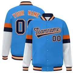 Powder Blue Navy-Orange Color Block Varsity Full-Snap Baseball Jacket