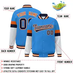 Powder Blue Navy-Orange Color Block Varsity Full-Snap Baseball Jacket 2
