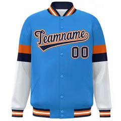 Powder Blue Navy-Orange Color Block Varsity Full-Snap Baseball Jacket 3