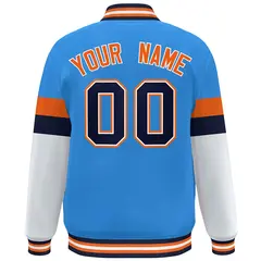 Powder Blue Navy-Orange Color Block Varsity Full-Snap Baseball Jacket 4