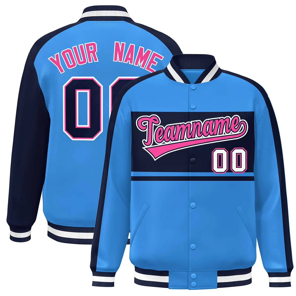 Powder Blue Navy-Pink Color Block Varsity Baseball Jacket