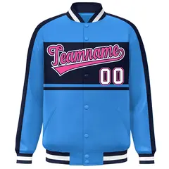 Powder Blue Navy-Pink Color Block Varsity Baseball Jacket 3