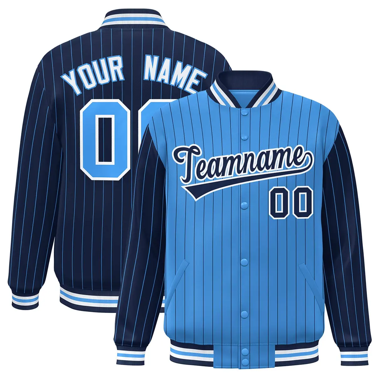 Powder Blue Navy Pinstripe Raglan Varsity Full-Snap Letterman Baseball Jacket