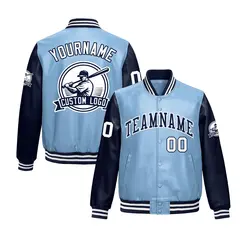 Powder Blue Navy Raglan Full-Snap Faux Leather Letterman Jacket 1