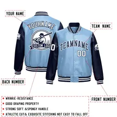 Powder Blue Navy Raglan Full-Snap Faux Leather Letterman Jacket 2