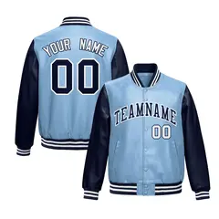 Powder Blue Navy Raglan Full-Snap Varsity Faux Leather Letterman Jacket