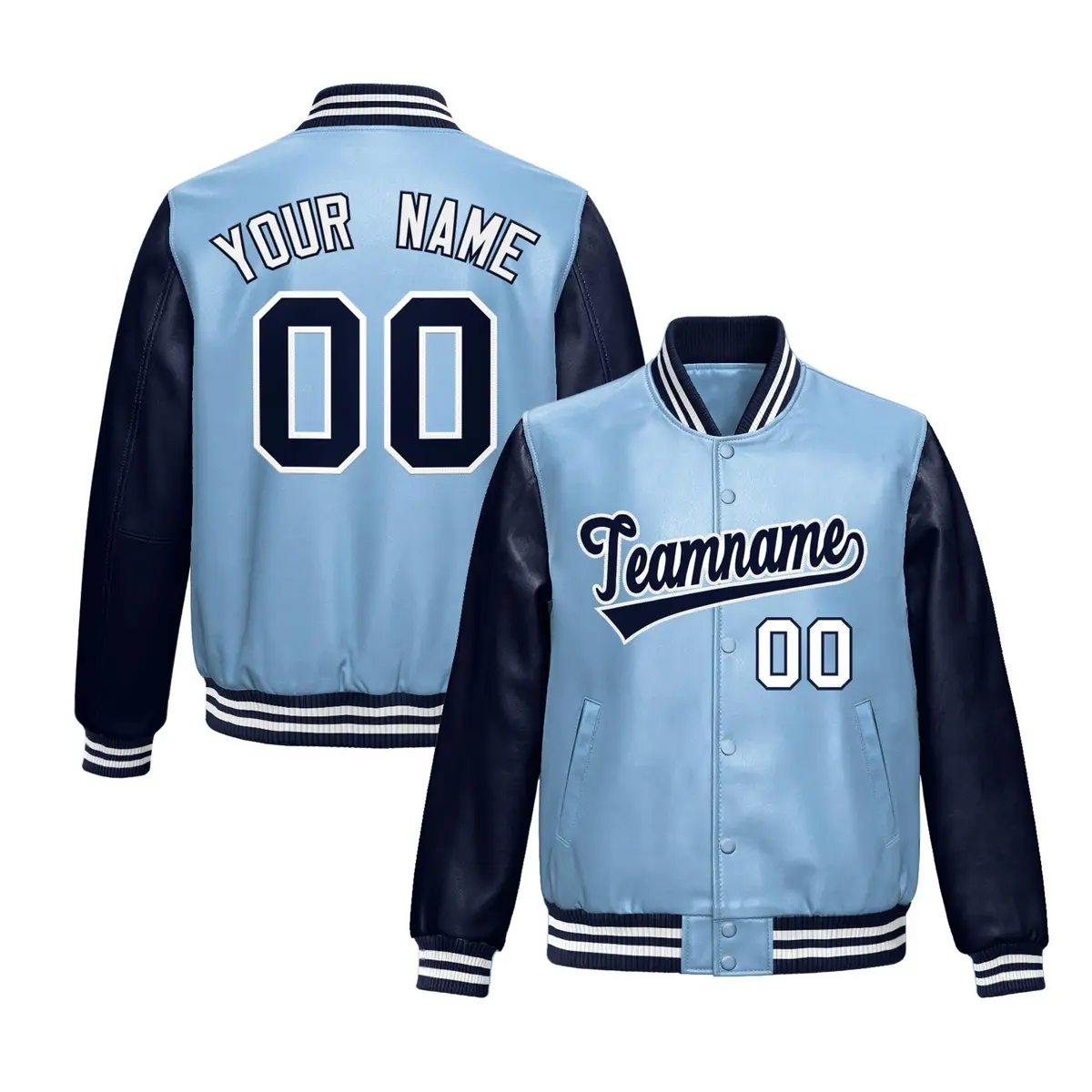 Powder Blue Navy Raglan Full-Snap Varsity Faux Leather Letterman Jacket