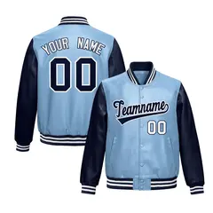 Powder Blue Navy Raglan Full-Snap Varsity Faux Leather Letterman Jacket 1