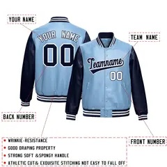 Powder Blue Navy Raglan Full-Snap Varsity Faux Leather Letterman Jacket 2