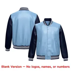 Powder Blue Navy Raglan Full-Snap Varsity Faux Leather Letterman Jacket 6