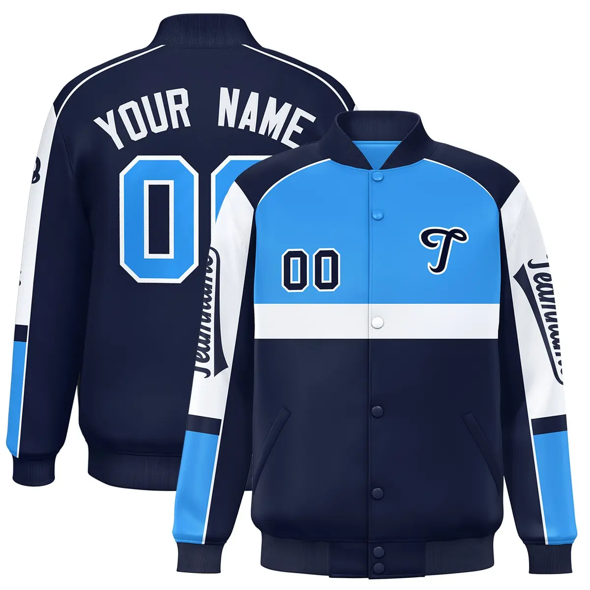 Powder Blue Navy Raglan Sleeves Varsity Letterman Jacket