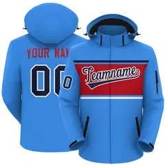 Powder Blue Navy-Red Color Block Hooded Waterproof Jacket 1