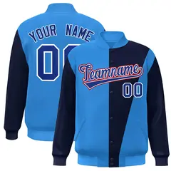Powder Blue Navy-Royal Color Block Varsity Full-Snap Bomber Jacket 1