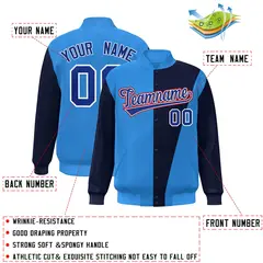Powder Blue Navy-Royal Color Block Varsity Full-Snap Bomber Jacket 2