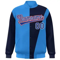 Powder Blue Navy-Royal Color Block Varsity Full-Snap Bomber Jacket 3