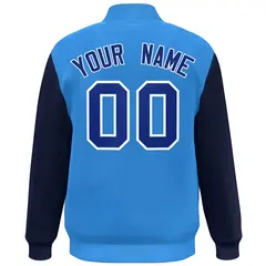 Powder Blue Navy-Royal Color Block Varsity Full-Snap Bomber Jacket 4