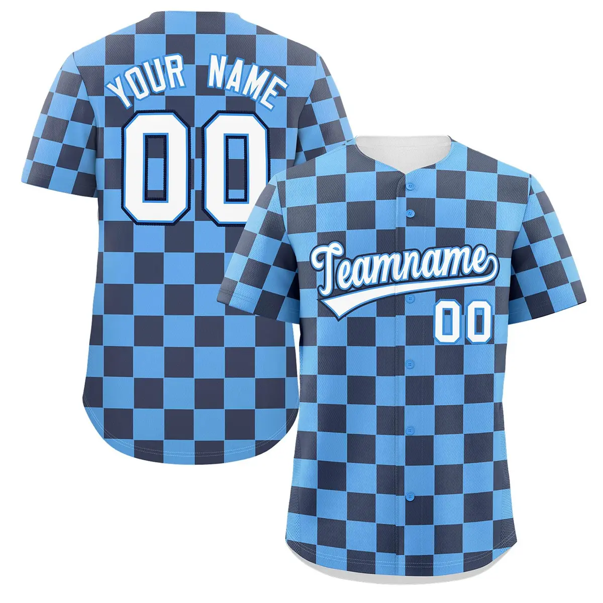 Powder Blue Navy Square Grid Color Block Baseball Jersey