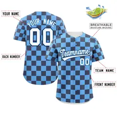 Powder Blue Navy Square Grid Color Block Baseball Jersey 2