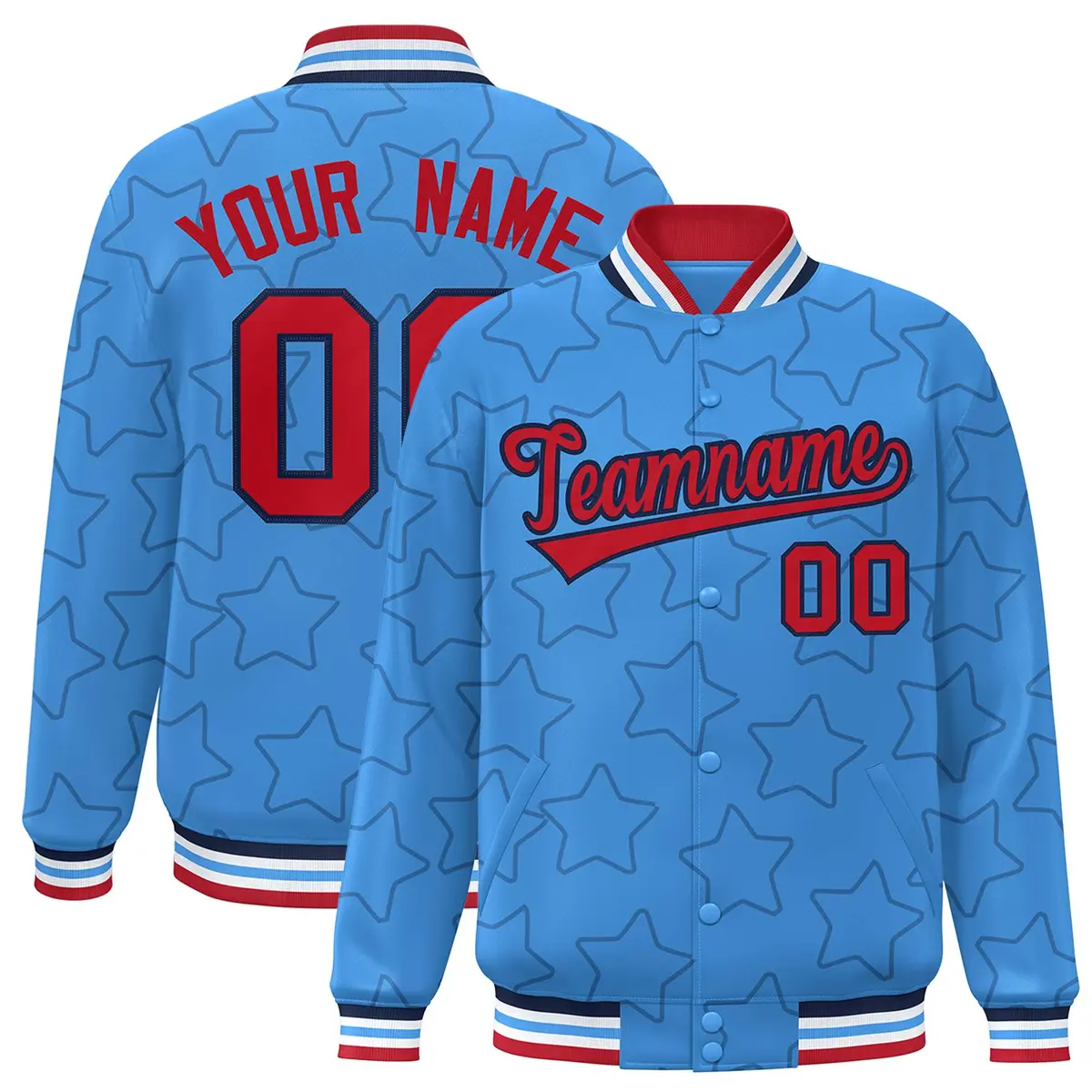 Powder Blue Navy Star Pattern Varsity Letterman Baseball Jacket