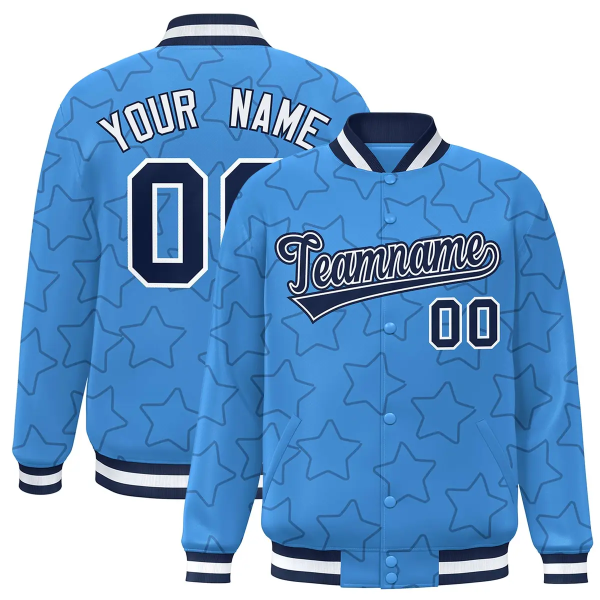 Powder Blue Navy Star Pattern Varsity Letterman Baseball Jacket