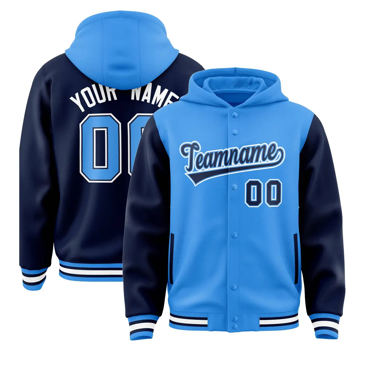 Powder Blue Navy Two Tone Raglan Varsity Letterman Jacket Hoodie