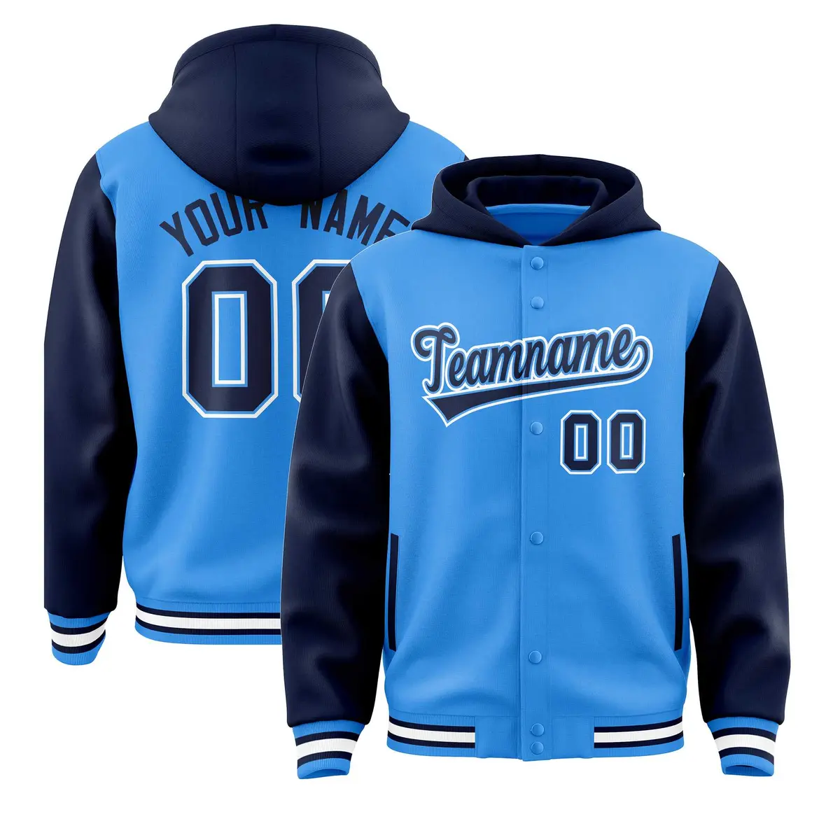 Powder Blue Navy Two Tone Raglan Varsity Letterman Jacket Hoodie