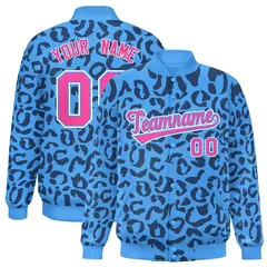 Powder Blue Navy Varsity Full-Snap Leopard Graffiti Letterman Jacket