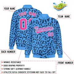 Powder Blue Navy Varsity Full-Snap Leopard Graffiti Letterman Jacket 2