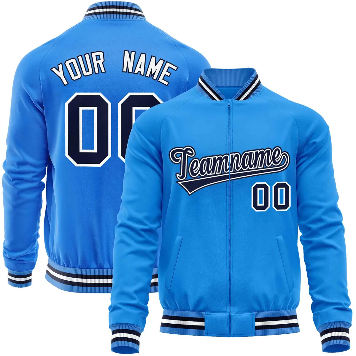 Powder Blue Navy Varsity Full-Zip Letterman Baseball Jacket