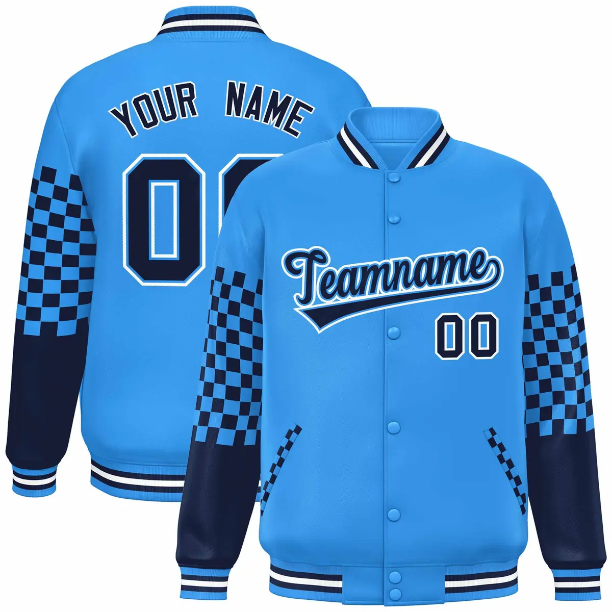 Powder Blue Navy-White Checkered Color Block Bomber Varsity Jacket