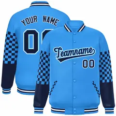 Powder Blue Navy-White Checkered Color Block Bomber Varsity Jacket 1
