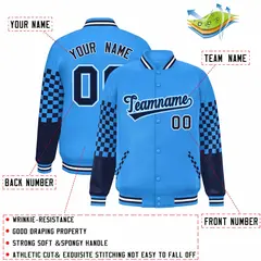 Powder Blue Navy-White Checkered Color Block Bomber Varsity Jacket 2