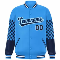 Powder Blue Navy-White Checkered Color Block Bomber Varsity Jacket 3