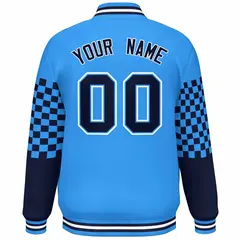 Powder Blue Navy-White Checkered Color Block Bomber Varsity Jacket 4