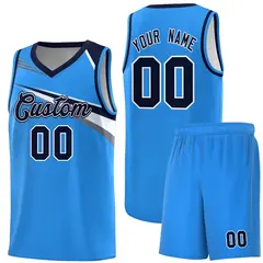Powder Blue Navy-White Chest Color Block Basketball Jersey