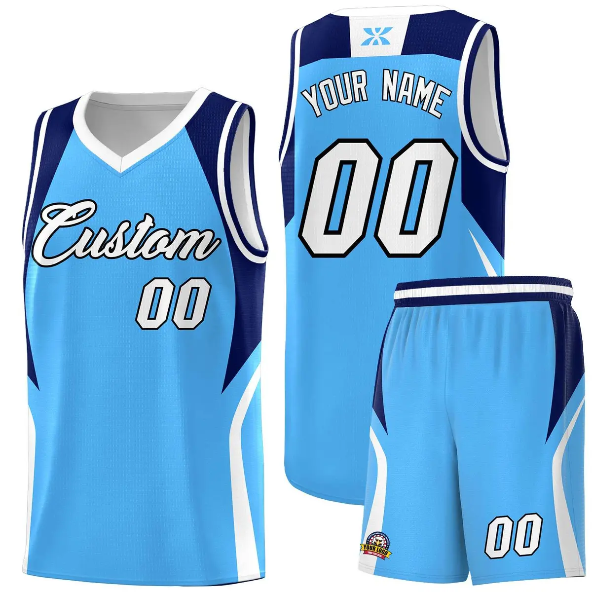 Powder Blue Navy White Color Block Basketball Jersey