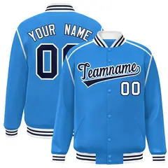 Powder Blue Navy-White Color Block Ribbon Varsity Full-Snap Bomber Jacket