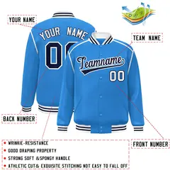 Powder Blue Navy-White Color Block Ribbon Varsity Full-Snap Bomber Jacket 2